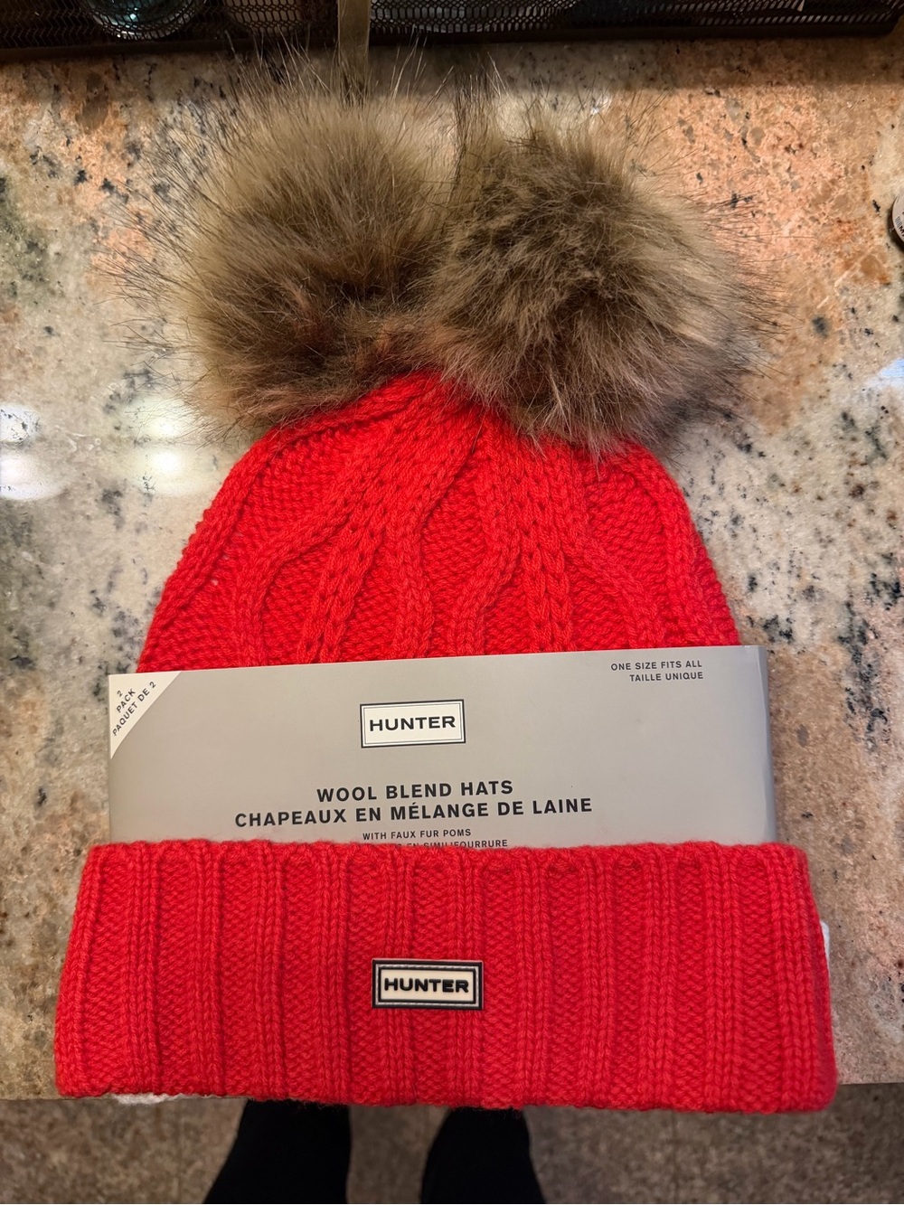 Hunter Red and White Wool-Blend Pom Pom Beanies